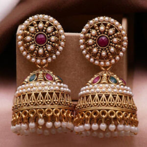 Mameraa Gold Plated Artificial Stones Studded And Beaded Dome Shaped Jhumkas - Image 6
