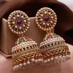 Mameraa Gold Plated Artificial Stones Studded And Beaded Dome Shaped Jhumkas - Image 7