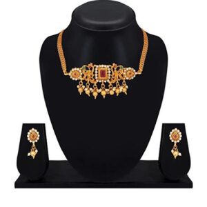 Mameraa Ruby Red Beaded Gold-Toned Necklace Set with Intricate Pendant & Earrings - Image 3