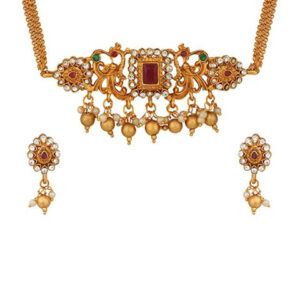 Mameraa Ruby Red Beaded Gold-Toned Necklace Set with Intricate Pendant & Earrings - Image 2