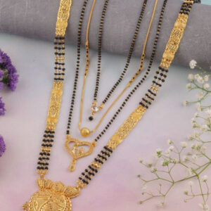 Mameraa Set of 4 Gold-Plated Stones Studded and Beaded Long & Short Mangalsutras - Image 2